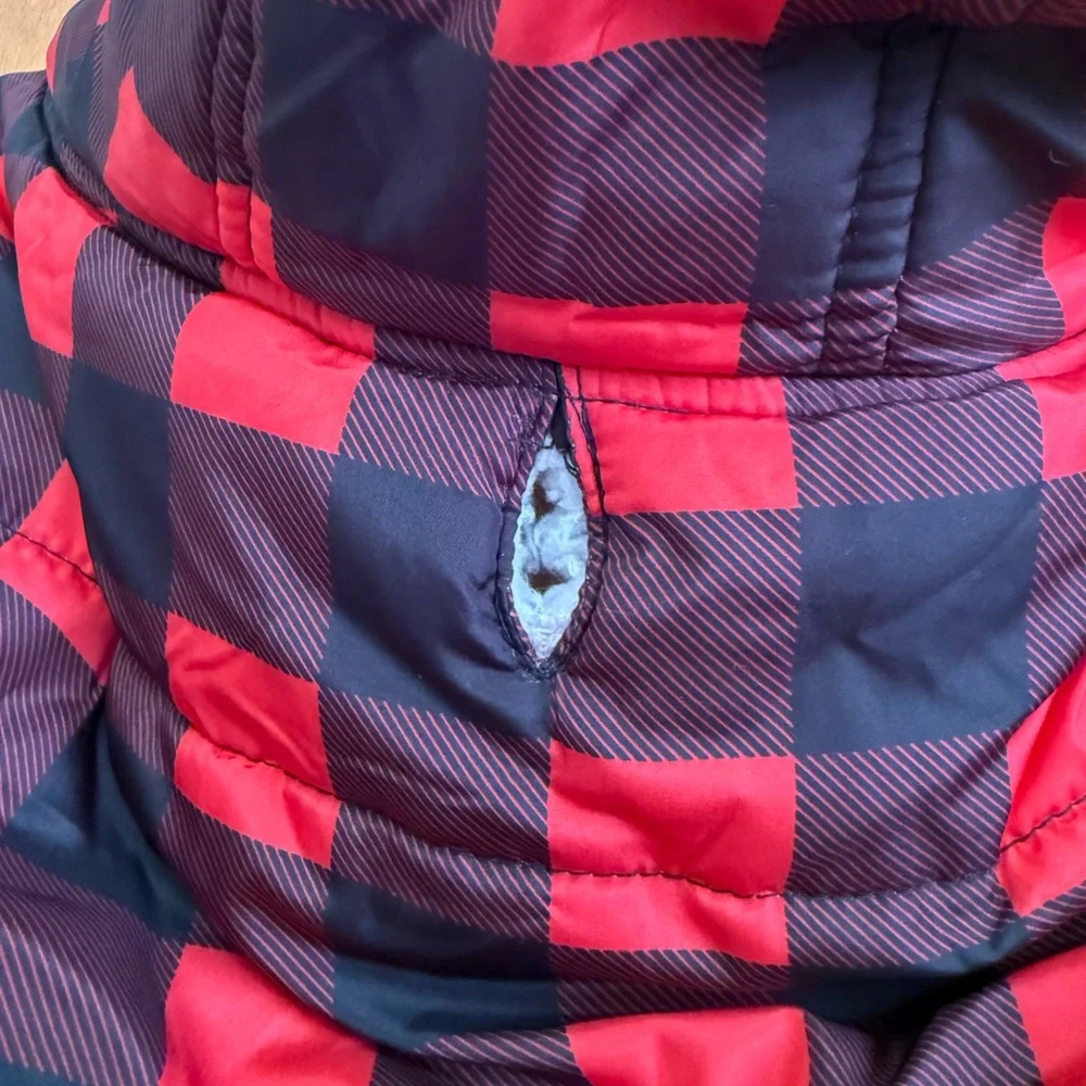 Buffalo plaid Sherpa lined dog vest with hood
